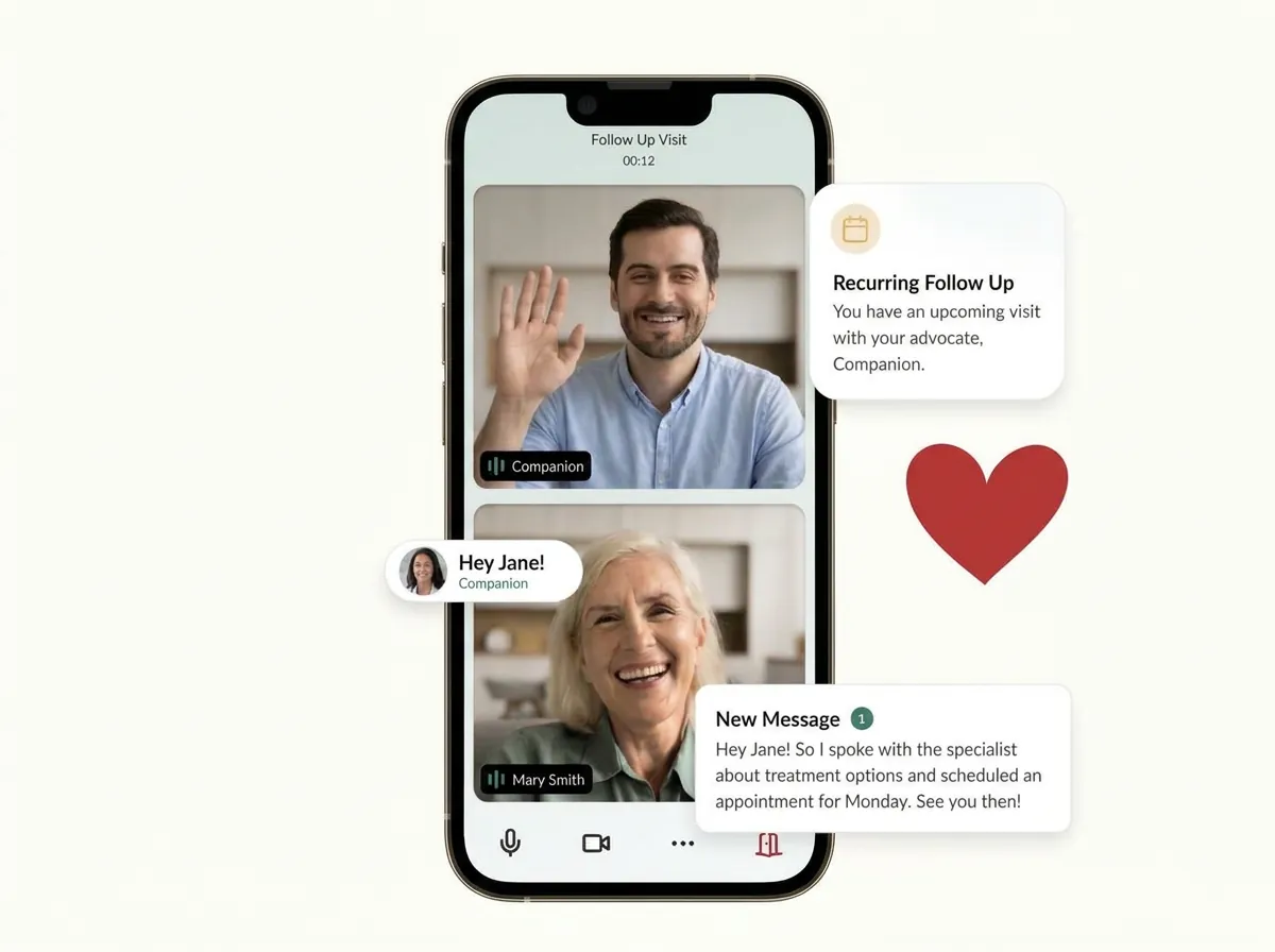 A phone illustration showing a man and older woman on a video call with message cards and a heart, accompanying chronic care management documentation