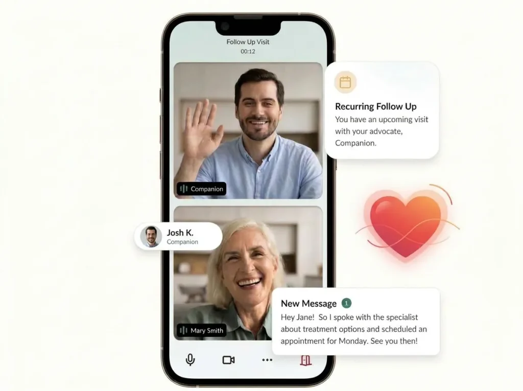 Companian app with a video follow-up and messages from a Care Advocate
