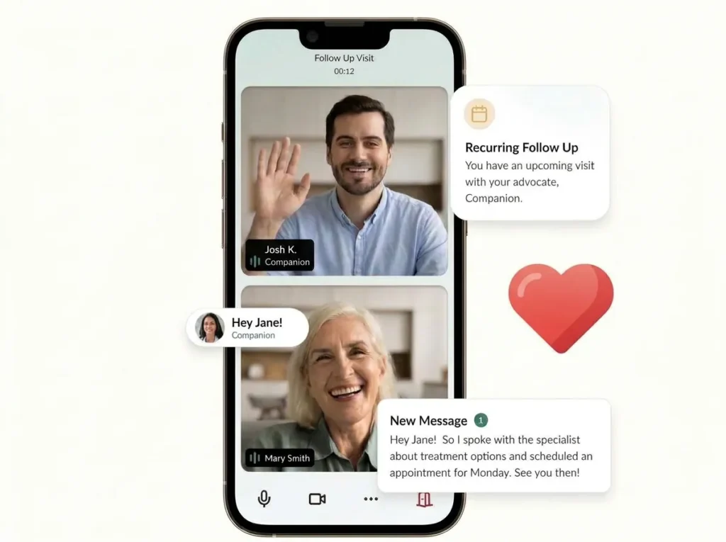 Companian app with a video follow-up and messages from a Care Advocate