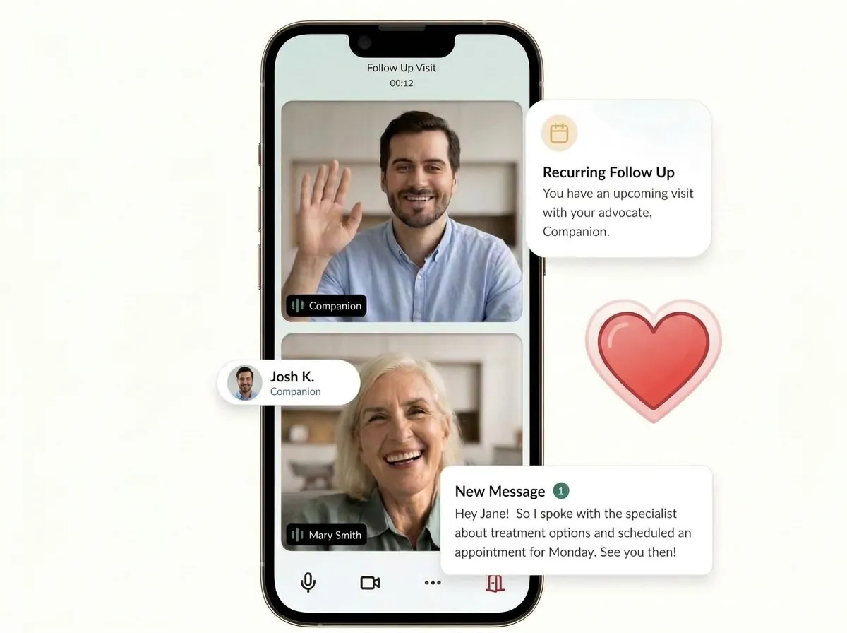 Phone illustration showing a man and an older woman on a video call beside a message, accompanying advance care planning code guidance