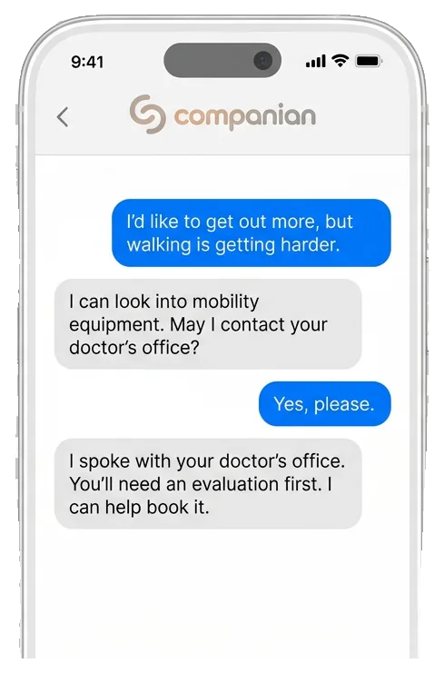 Text conversation where a Companian Care Advocate helps a patient with next steps at the doctor’s office (sample)