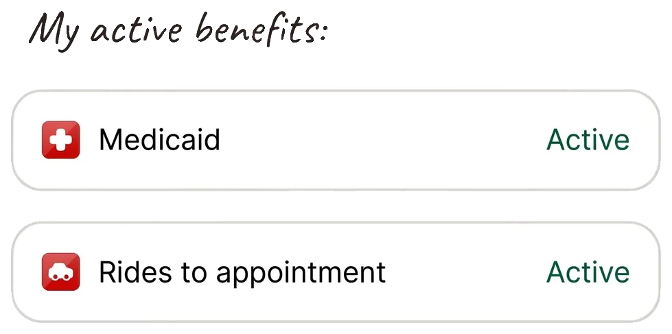 Benefits tracker showing a patient’s applications for food, utility and ride assistance (sample data)