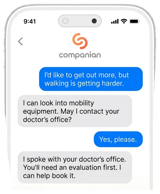 Text conversation where a Companian Care Advocate helps a patient with next steps at the doctor’s office (sample)