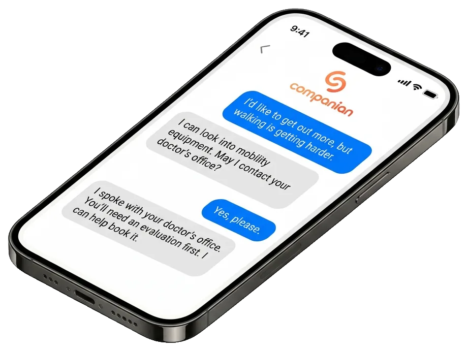 Text conversation where a Companian Care Advocate helps a patient with next steps at the doctor’s office (sample)